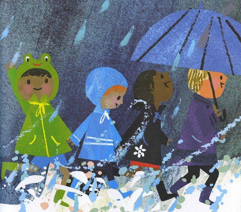 Ilustration of four children splashing through puddles in the rain